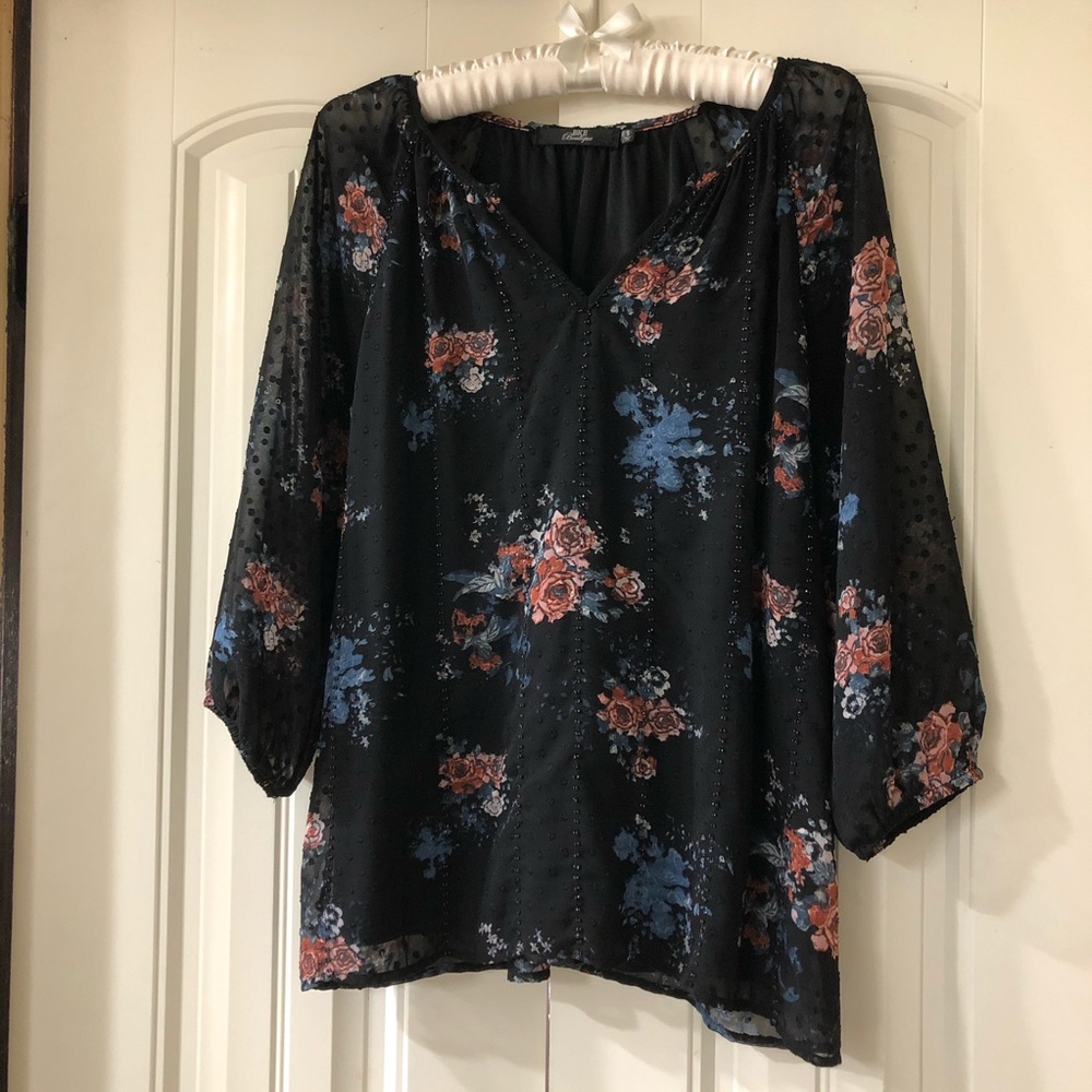 BKE Boutique 3/4 Blouse Sheer Black Floral Design
